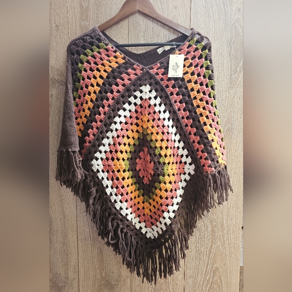 NWT Cactus + Pearl Multicolor Crochet Poncho with Fringe